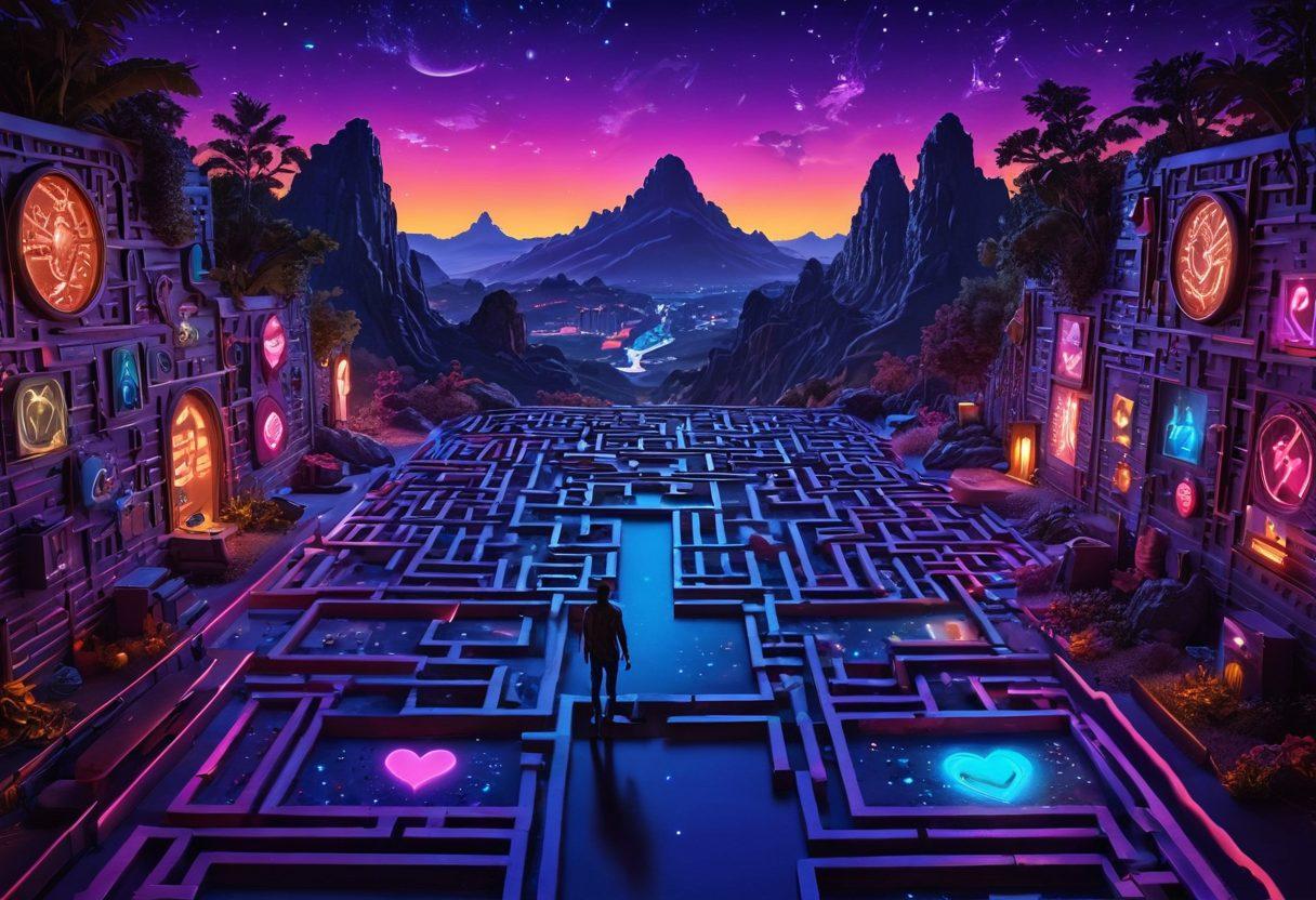 A captivating scene illustrating a maze-like landscape made of various adult film symbols and genres, such as film reels, hearts, and silhouettes, amidst vibrant neon lights. Include a curious explorer with a magnifying glass, symbolizing the journey of discovery in adult content. The backdrop should depict an enchanting twilight sky filled with stars to add depth and intrigue. super-realistic. vibrant colors. 3D.